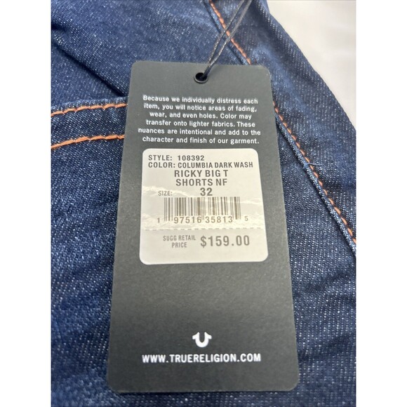 True Religion Ricky T Straight Relaxed Shorts Denim Dk Wash SZ 32 Waist New - Picture 2 of 9